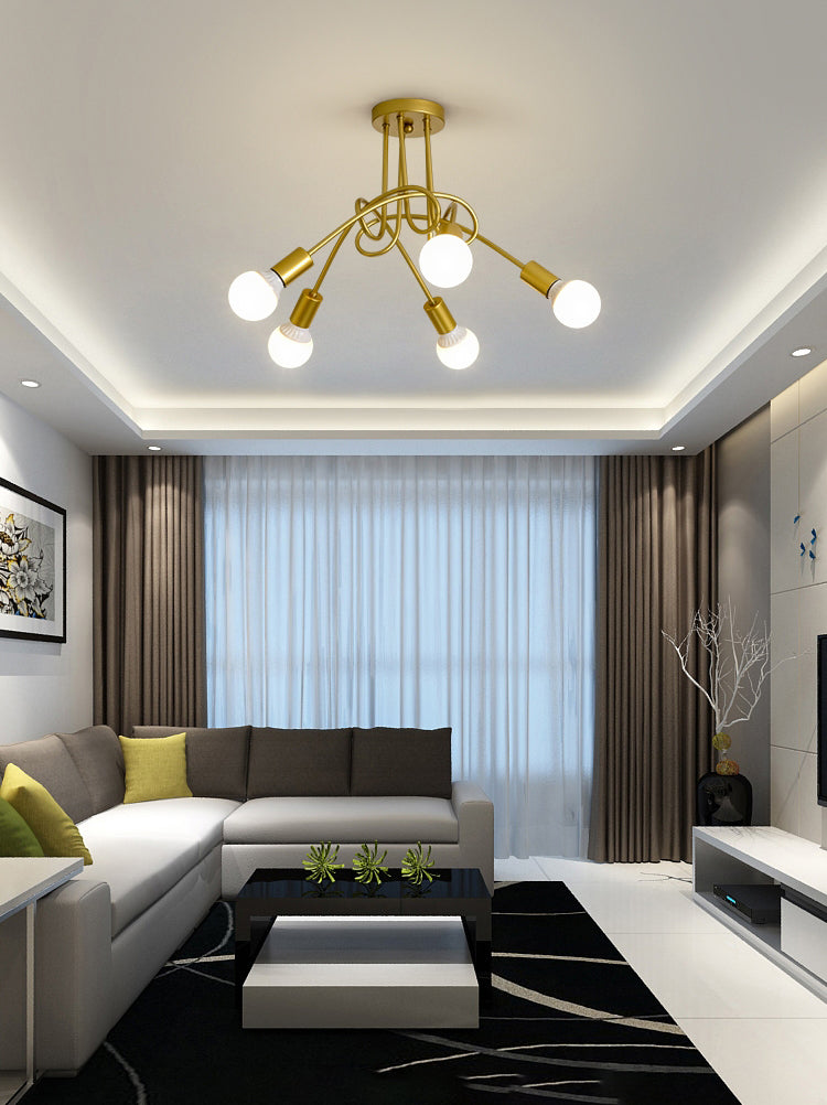 Metal Semi Flush Mount Chandelier Minimalistic Exposed Bulb Living Room Semi Flush Light Fixture