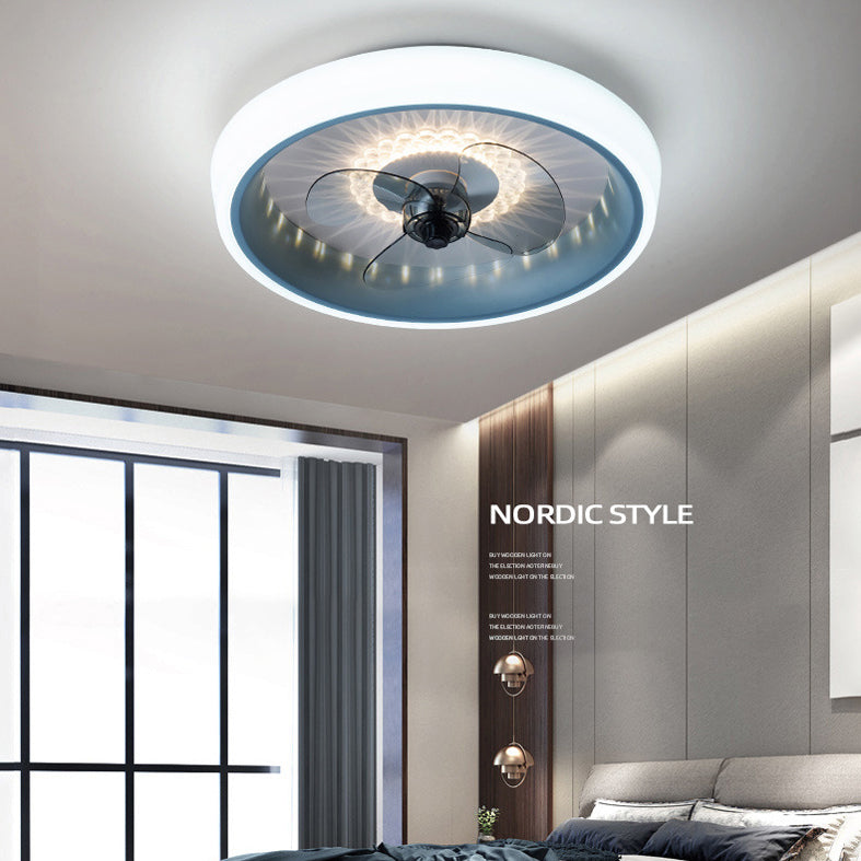 Remote Control Macaron Style Round Fan Lighting Acrylic Bedroom LED Semi Flush Ceiling Light