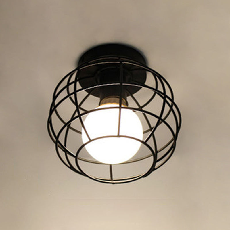 Cage Semi Flush Mount Light Fixture Industrial Metallic Ceiling Mount Chandelier for Bedroom