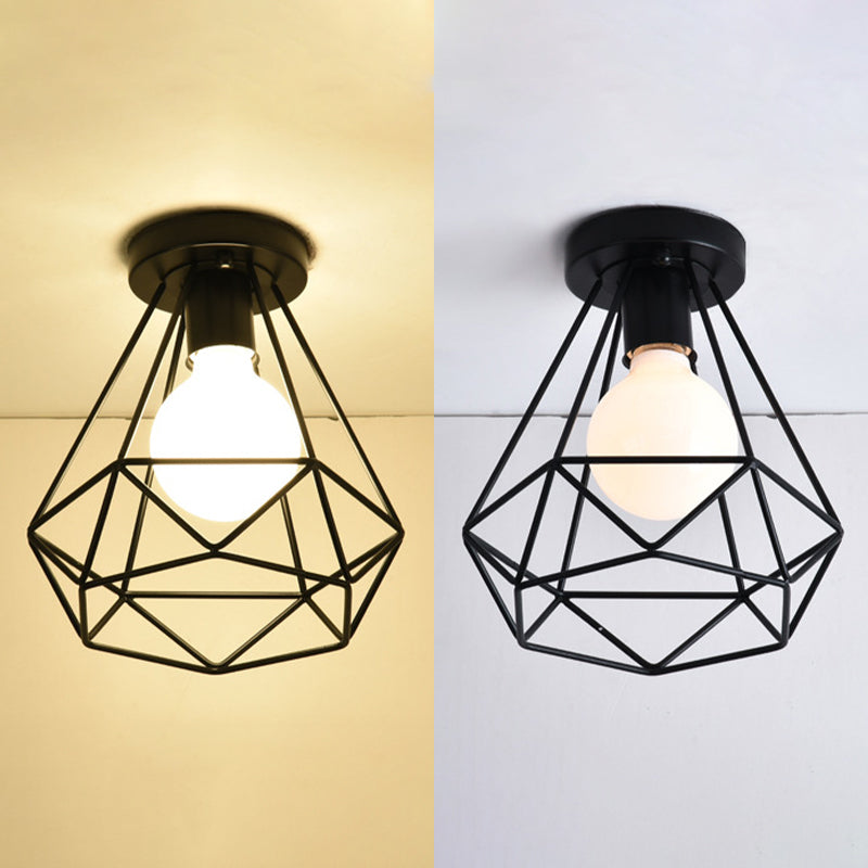 Cage Semi Flush Mount Light Fixture Industrial Metallic Ceiling Mount Chandelier for Bedroom