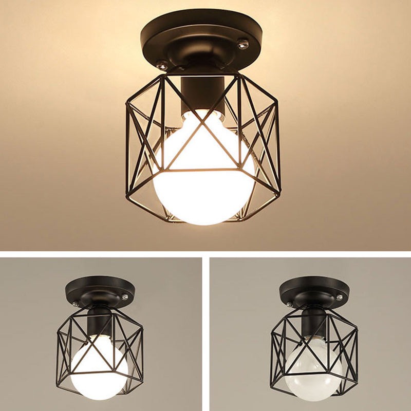 Cage Semi Flush Mount Light Fixture Industrial Metallic Ceiling Mount Chandelier for Bedroom