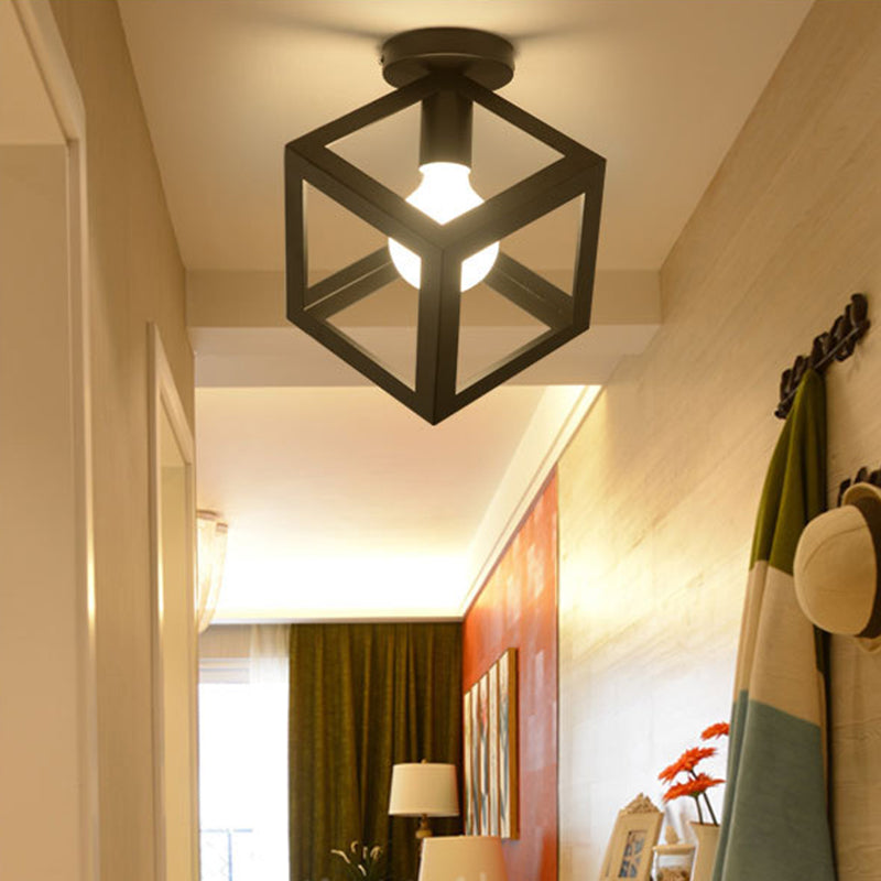 Cage Semi Flush Mount Light Fixture Industrial Metallic Ceiling Mount Chandelier for Bedroom