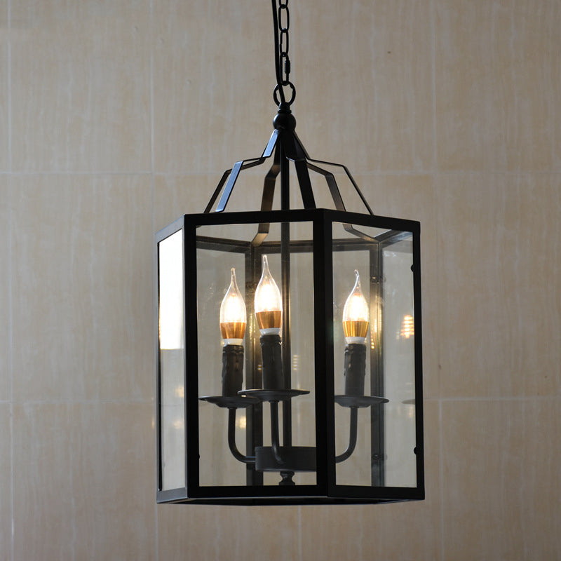 Black 3-Light Pendant Light in Industrial Unique Style Wrought Iron Hanging Lamp with Glass Shade