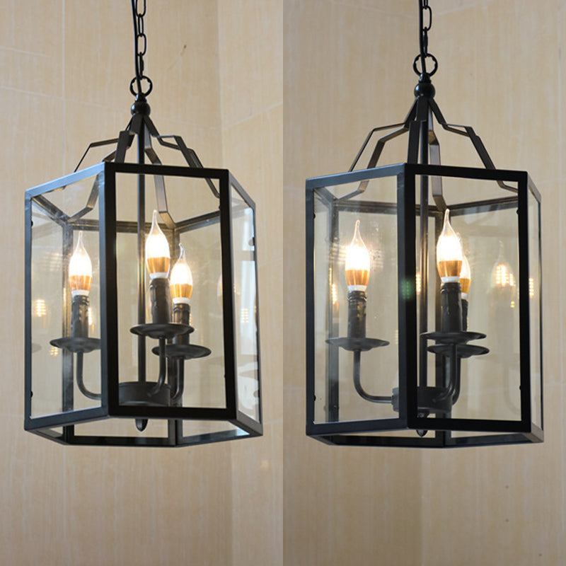 Black 3-Light Pendant Light in Industrial Unique Style Wrought Iron Hanging Lamp with Glass Shade