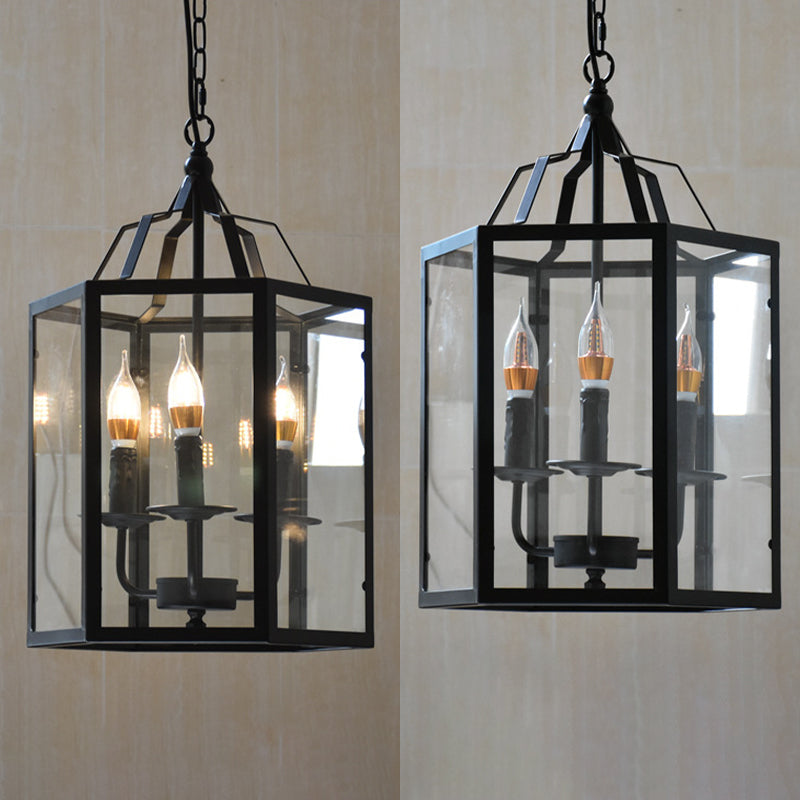 Black 3-Light Pendant Light in Industrial Unique Style Wrought Iron Hanging Lamp with Glass Shade