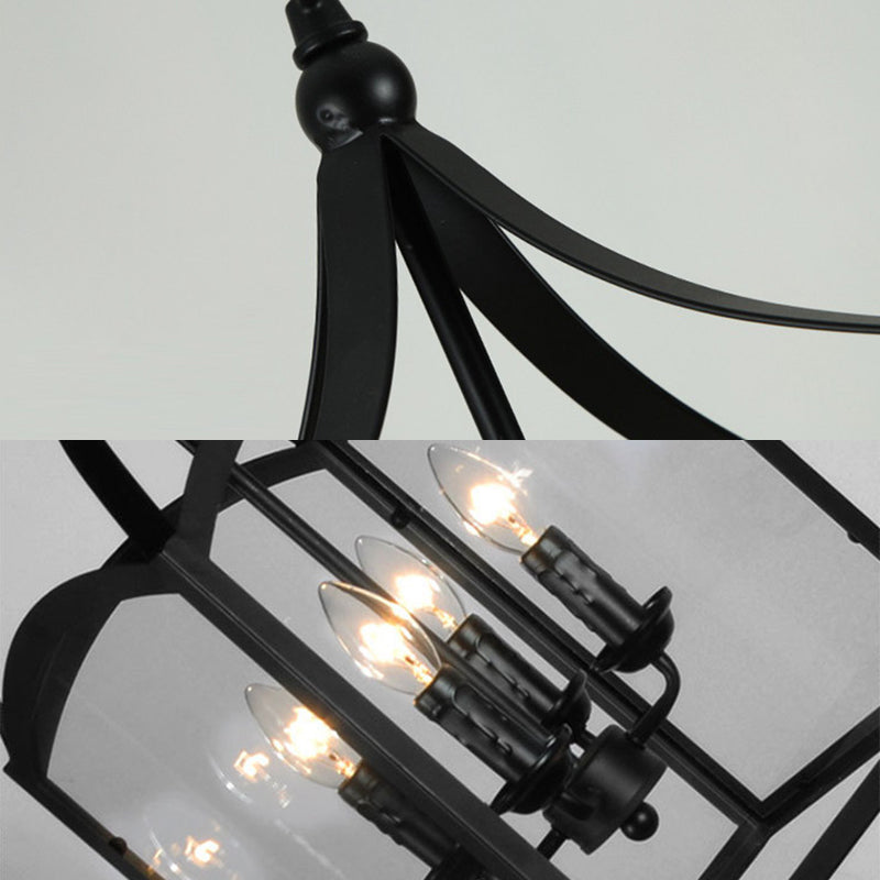 Black 4-Light Pendant Light in Industrial Classic Style Wrought Iron Hanging Lamp with Glass Shade