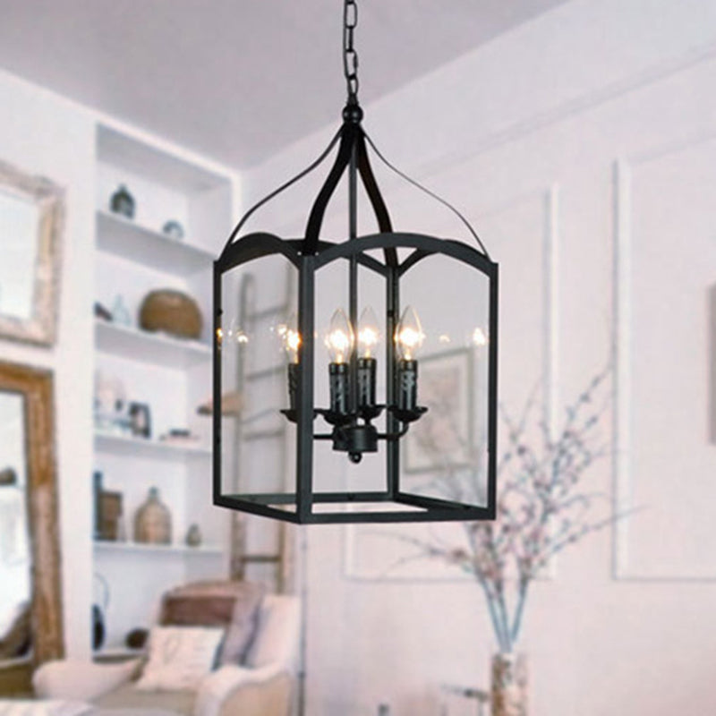 Black 4-Light Pendant Light in Industrial Classic Style Wrought Iron Hanging Lamp with Glass Shade