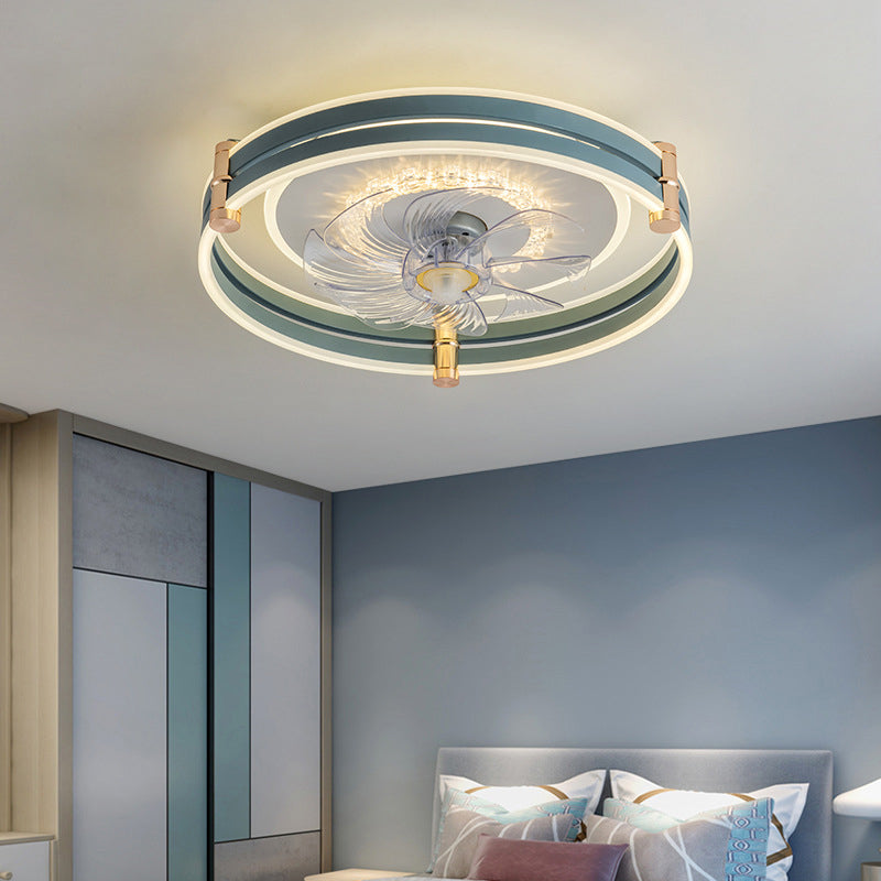 Circular LED Fan Lighting Fixture Macaron Metal Bedroom LED Semi Flush Mount Ceiling Light