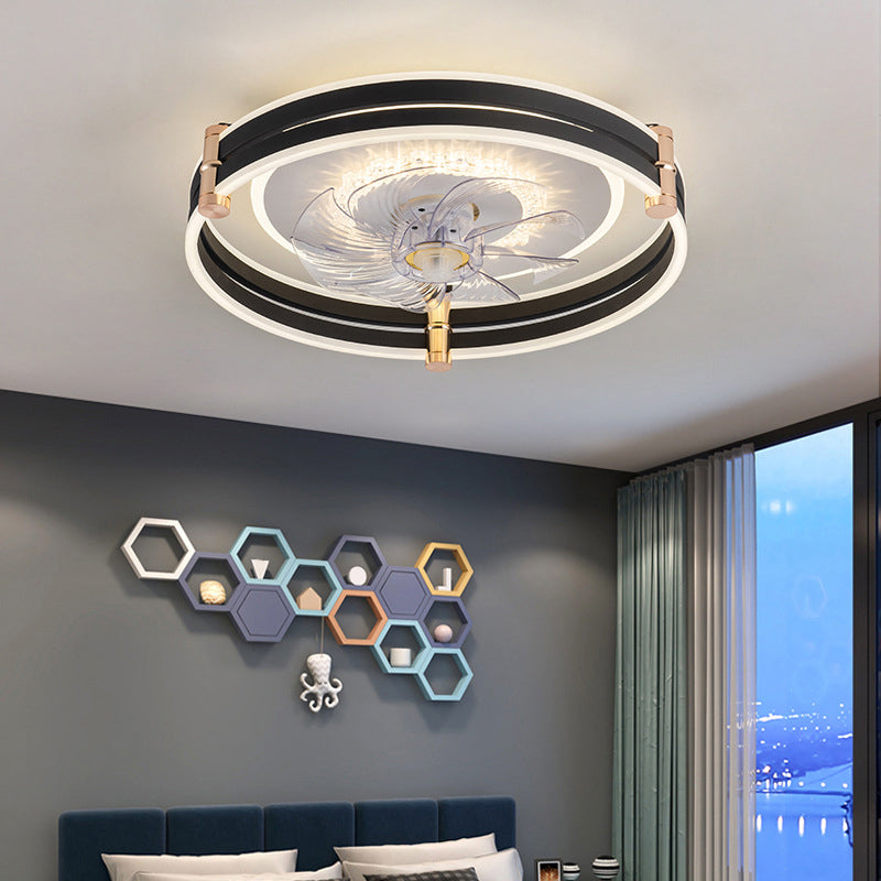 Circular LED Fan Lighting Fixture Macaron Metal Bedroom LED Semi Flush Mount Ceiling Light