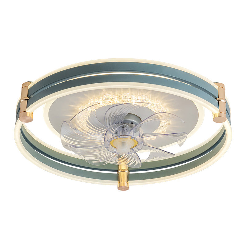 Circular LED Fan Lighting Fixture Macaron Metal Bedroom LED Semi Flush Mount Ceiling Light