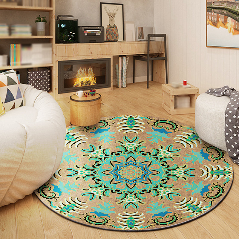 Bohemian living Room Rug Green Medallion Area Carpet Polyester Anti-Split Indoor Rug