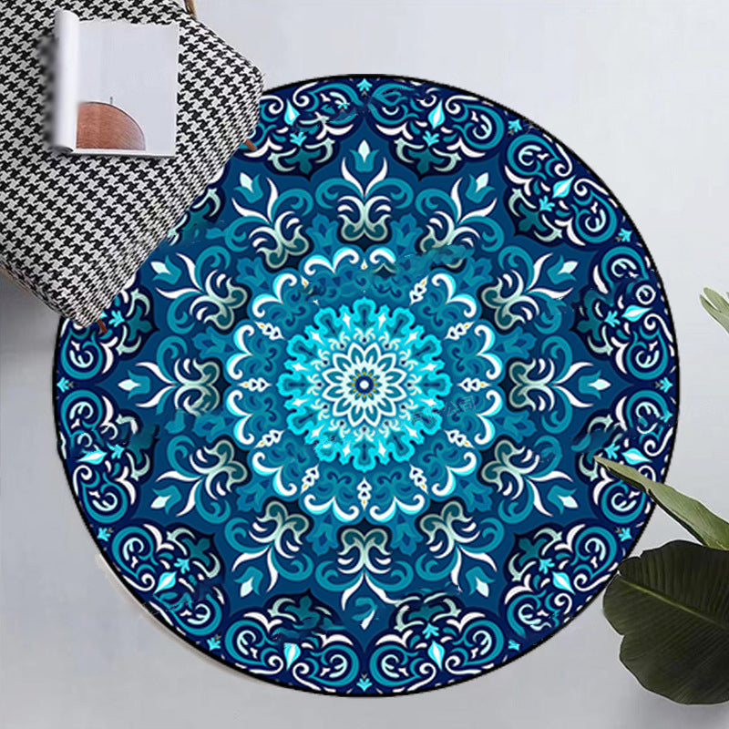 Round Moroccan Indoor Rug Polyester Floral Print Carpet Non-Slip Backing Rug for Home Decoration