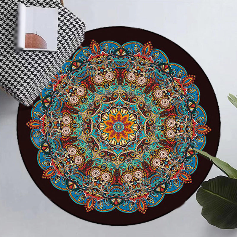 Round Moroccan Indoor Rug Polyester Floral Print Carpet Non-Slip Backing Rug for Home Decoration