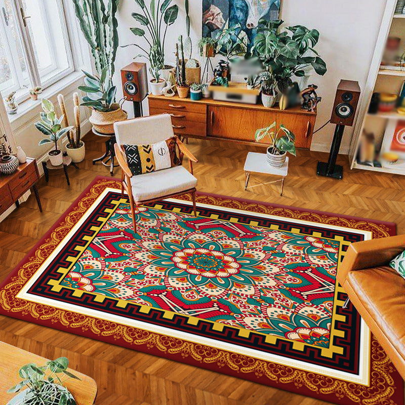 Moroccan Medallion Rug Red Polyester Indoor Carpet Non-Split Backing Carpet for Living Room