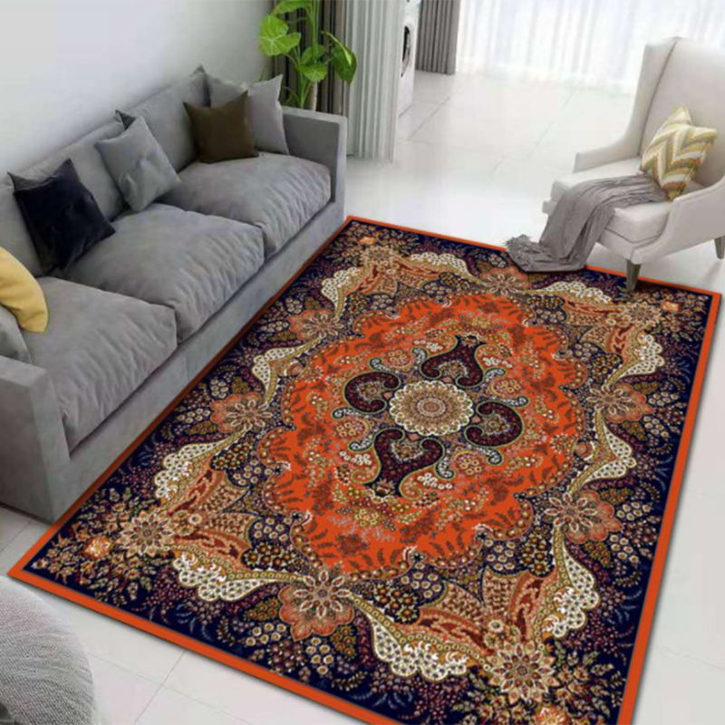 Blue Vintage Rug Polyester Medallion Carpet Non-Split Area Rug for Living Room