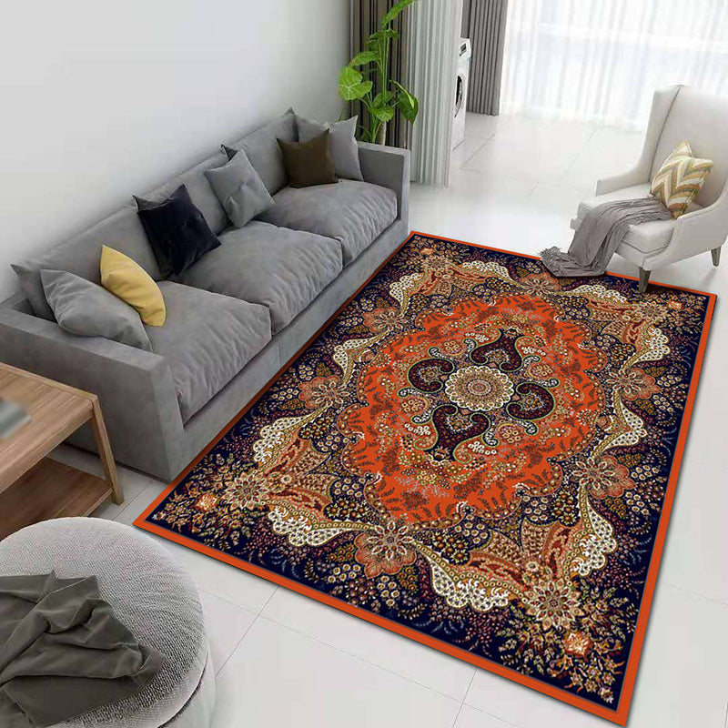 Blue Vintage Rug Polyester Medallion Carpet Non-Split Area Rug for Living Room