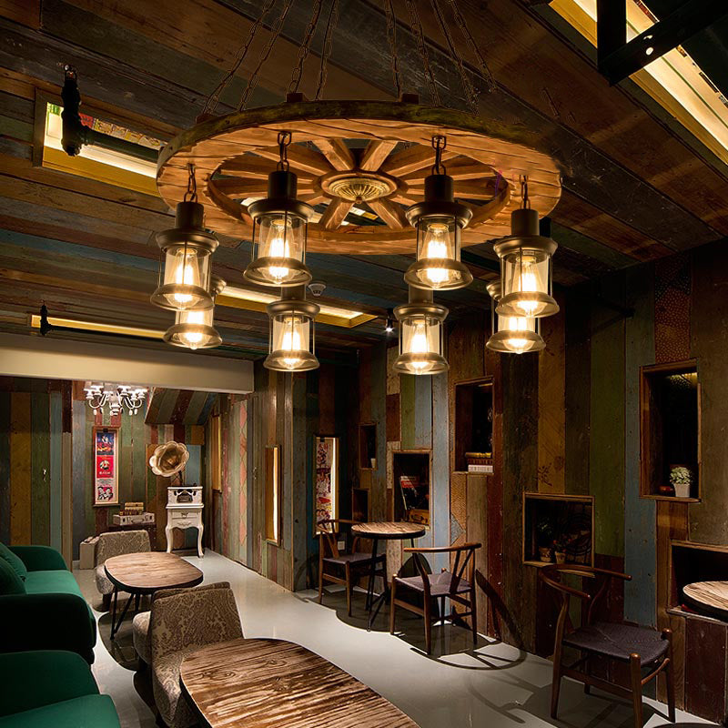 Retro Industrial Style Cylinder Chandelier Wood Pendant Ceiling Lights for Restaurant