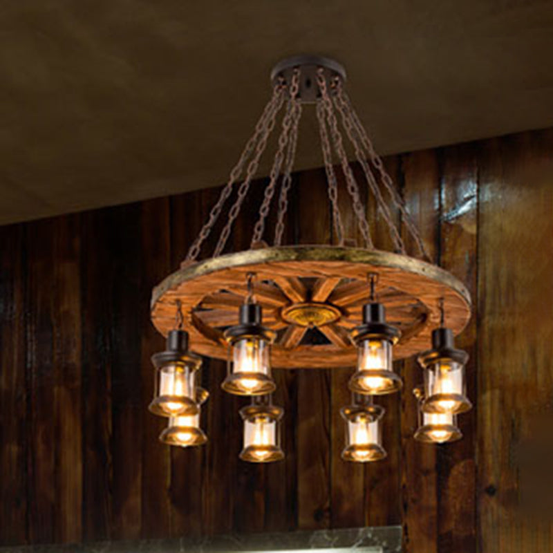 Retro Industrial Style Cylinder Chandelier Wood Pendant Ceiling Lights for Restaurant