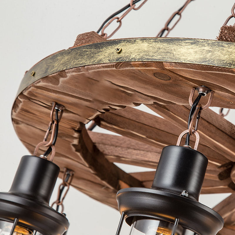 Retro Industrial Style Cylinder Chandelier Wood Pendant Ceiling Lights for Restaurant