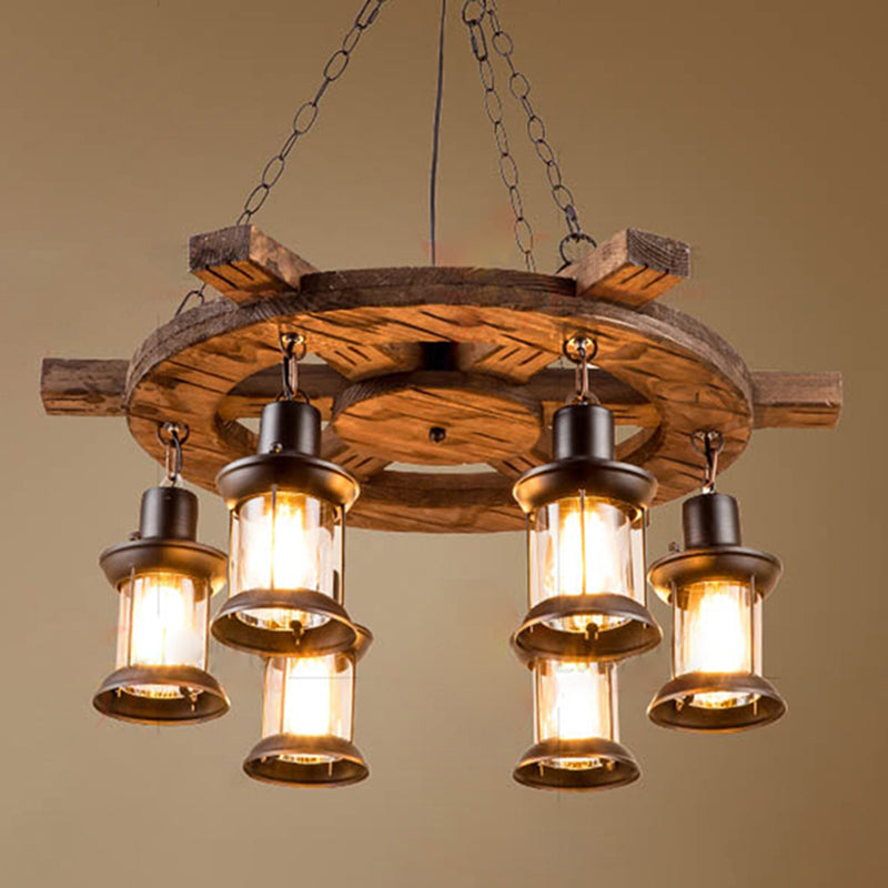 Retro Industrial Style Cylinder Chandelier Wood Pendant Ceiling Lights for Restaurant