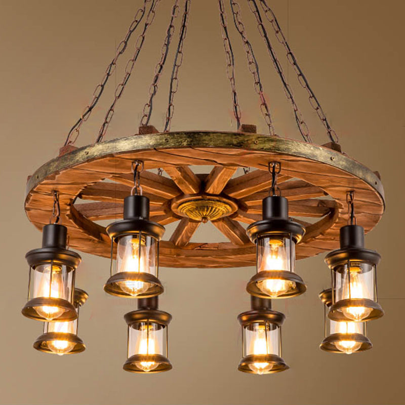 Retro Industrial Style Cylinder Chandelier Wood Pendant Ceiling Lights for Restaurant