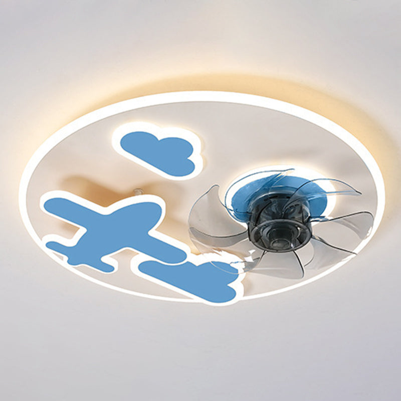 Round Kids Bedroom Ceiling Fan Lamp Metal Cartoon Style LED Semi Flush Light