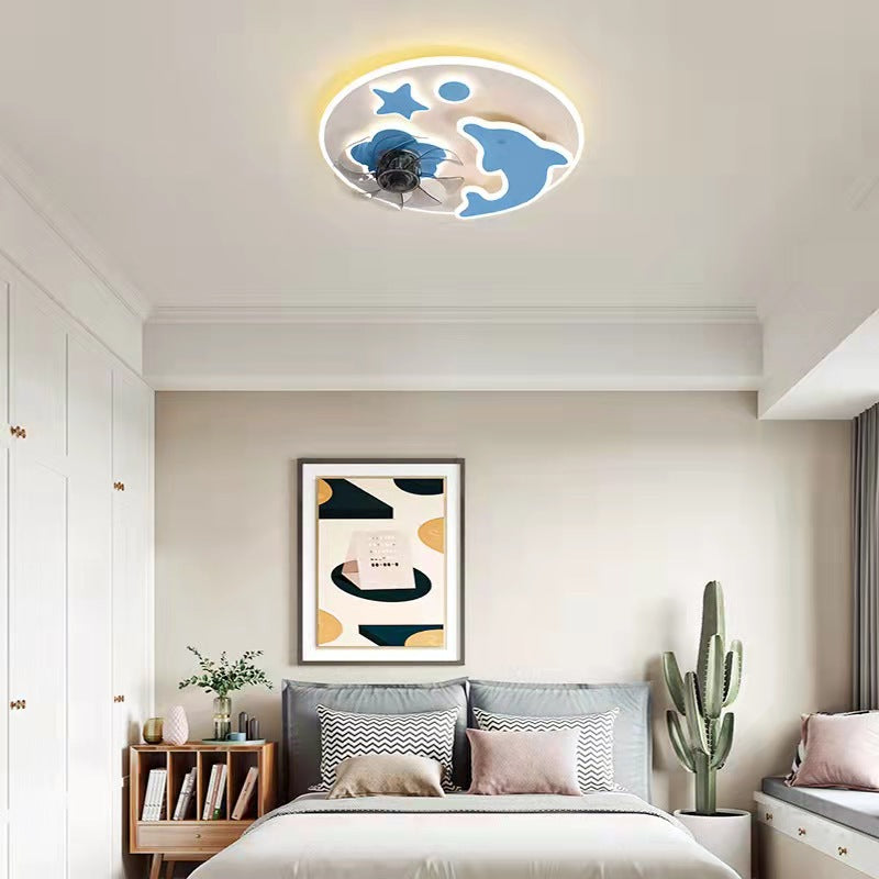 Round Kids Bedroom Ceiling Fan Lamp Metal Cartoon Style LED Semi Flush Light