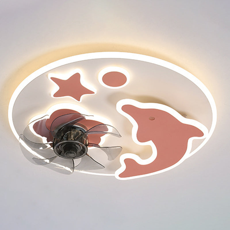 Round Kids Bedroom Ceiling Fan Lamp Metal Cartoon Style LED Semi Flush Light