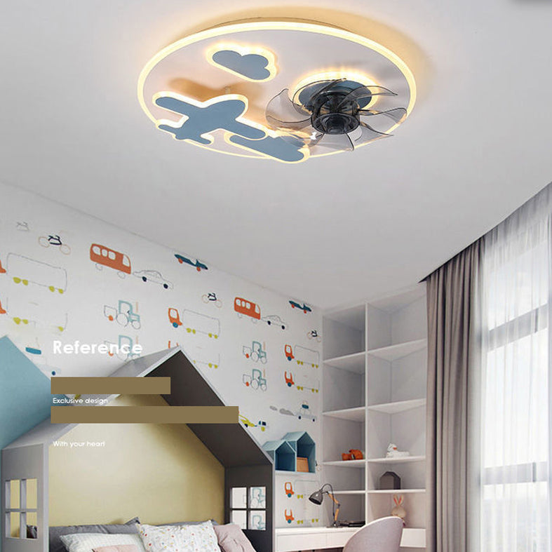 Round Kids Bedroom Ceiling Fan Lamp Metal Cartoon Style LED Semi Flush Light