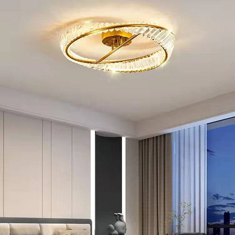 Moderno moderno a LED circolare a LED a LEDE ELETTROPLATO METALE SEMI FLUSH con ombra di cristallo