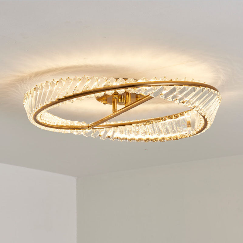 Moderno moderno a LED circolare a LED a LEDE ELETTROPLATO METALE SEMI FLUSH con ombra di cristallo