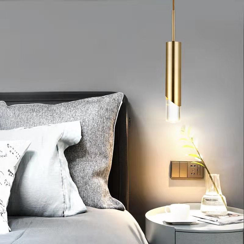 Modern Simplicity Cylindrical LED Hanging Lamp Electroplate Metal Pendant Light with Acrylic Shade