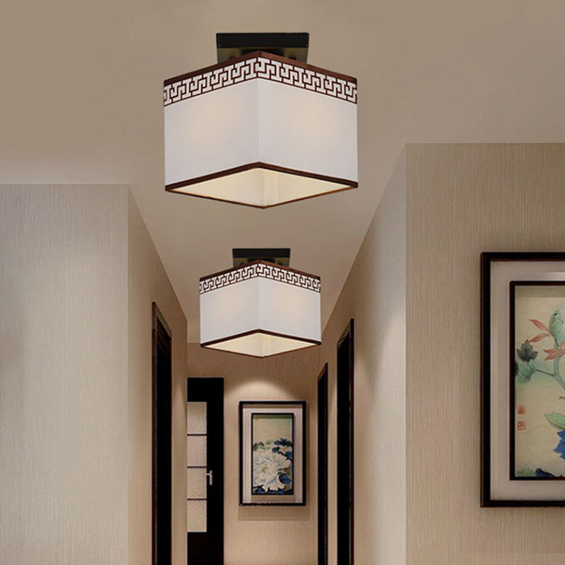 Fabric Semi-Flush Mount Ceiling Light Traditional White Square Aisle Semi Flush Light