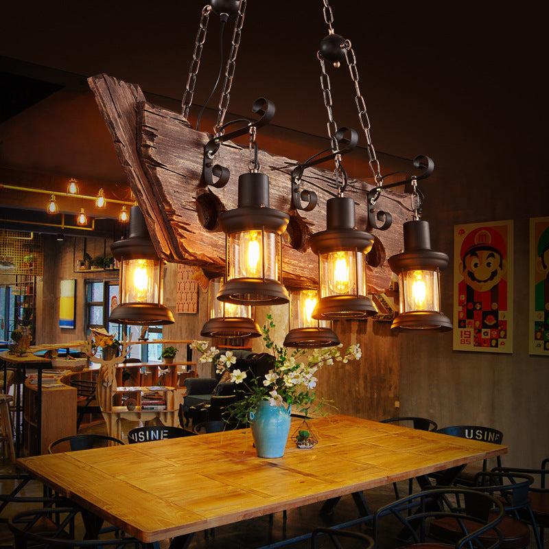 Retro Industrial Style Cylinder Chandelier Wood Pendant Ceiling Lights for Restaurant