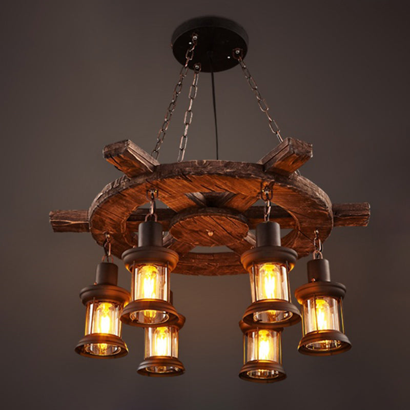 Retro Industrial Style Cylinder Chandelier Wood Pendant Ceiling Lights for Restaurant