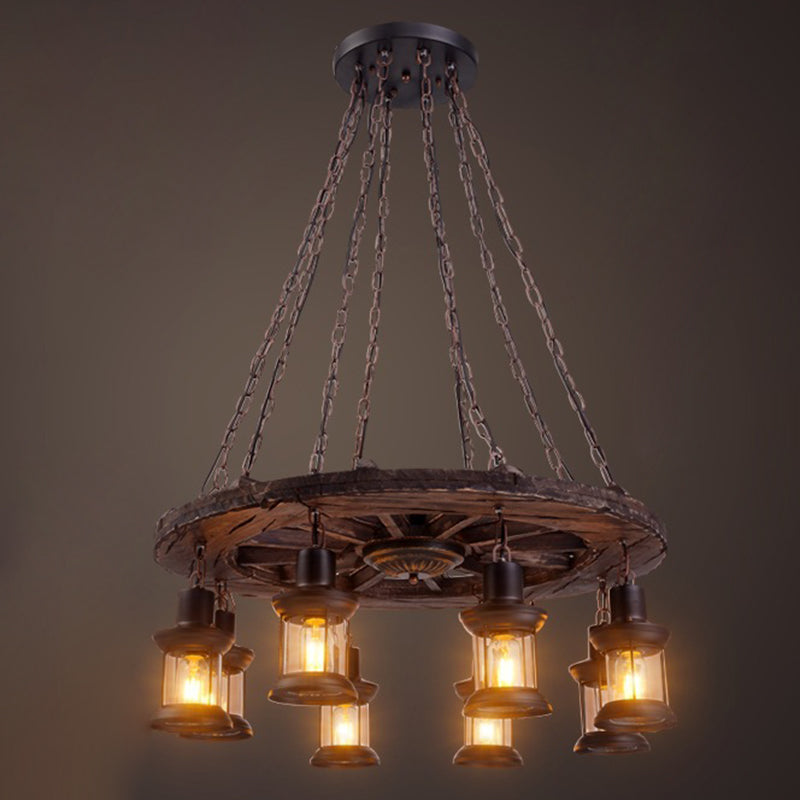 Retro Industrial Style Cylinder Chandelier Wood Pendant Ceiling Lights for Restaurant