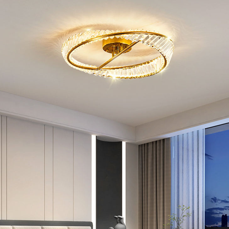 Modern Fashionable Circular LED Ceiling Light Electroplate Metal Semi Flush Mount with Crystal Shade