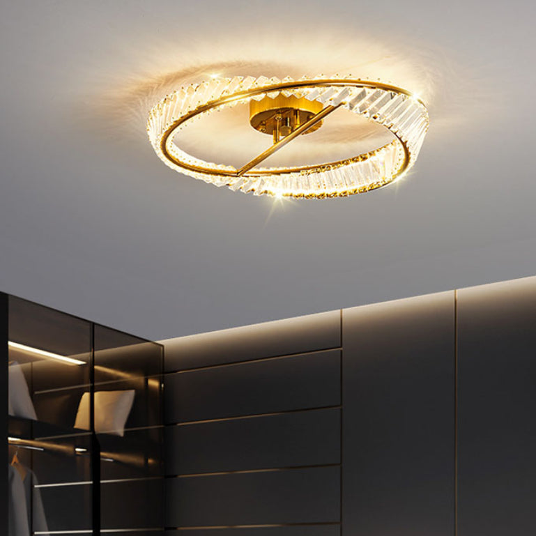 Modern Fashionable Circular LED Ceiling Light Electroplate Metal Semi Flush Mount with Crystal Shade