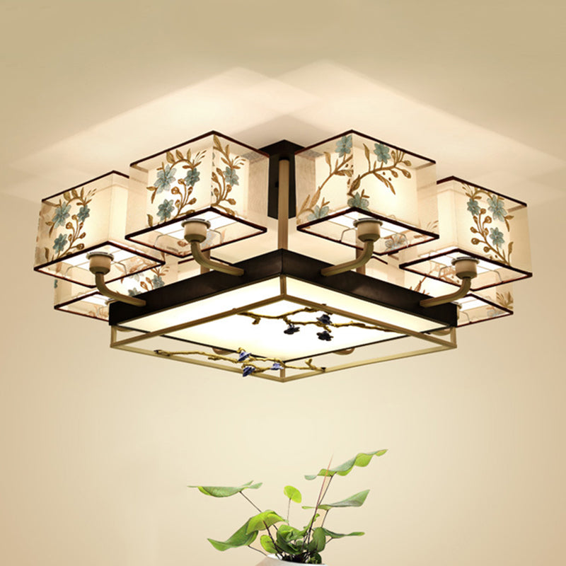 Brown Sputnik Ceiling Light in Traditional Classic Style Wrought Iron Flush Mount with Fabrics Shade