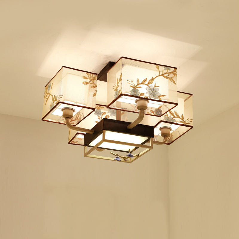 Brown Sputnik Ceiling Light in Traditional Classic Style Wrought Iron Flush Mount with Fabrics Shade