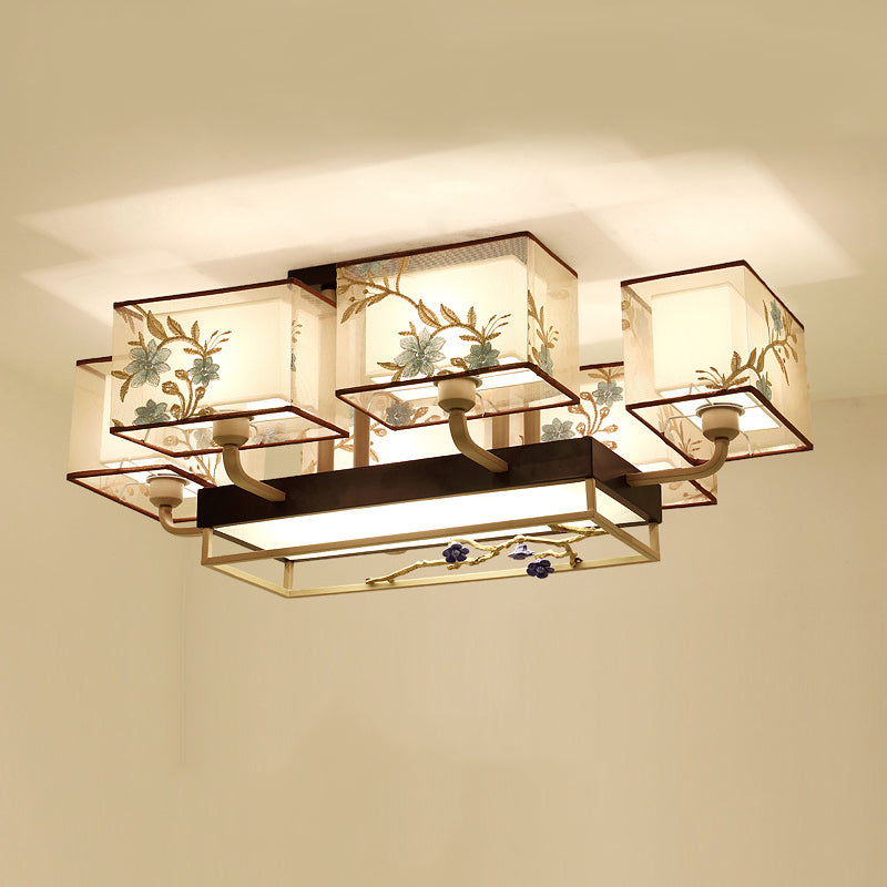 Brown Sputnik Ceiling Light in Traditional Classic Style Wrought Iron Flush Mount with Fabrics Shade