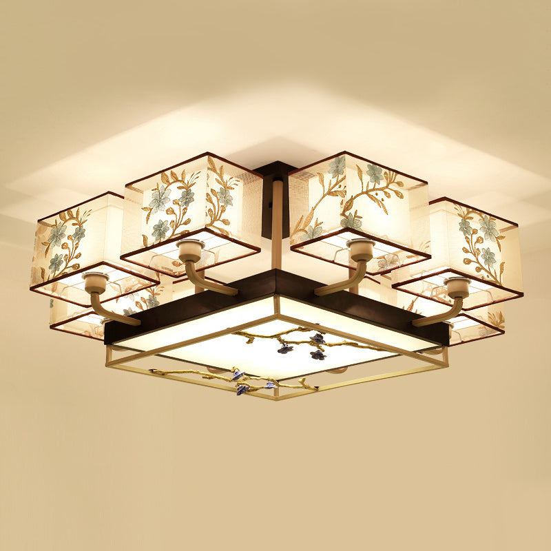 Brown Sputnik Ceiling Light in Traditional Classic Style Wrought Iron Flush Mount with Fabrics Shade