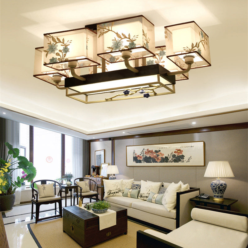 Brown Sputnik Ceiling Light in Traditional Classic Style Wrought Iron Flush Mount with Fabrics Shade