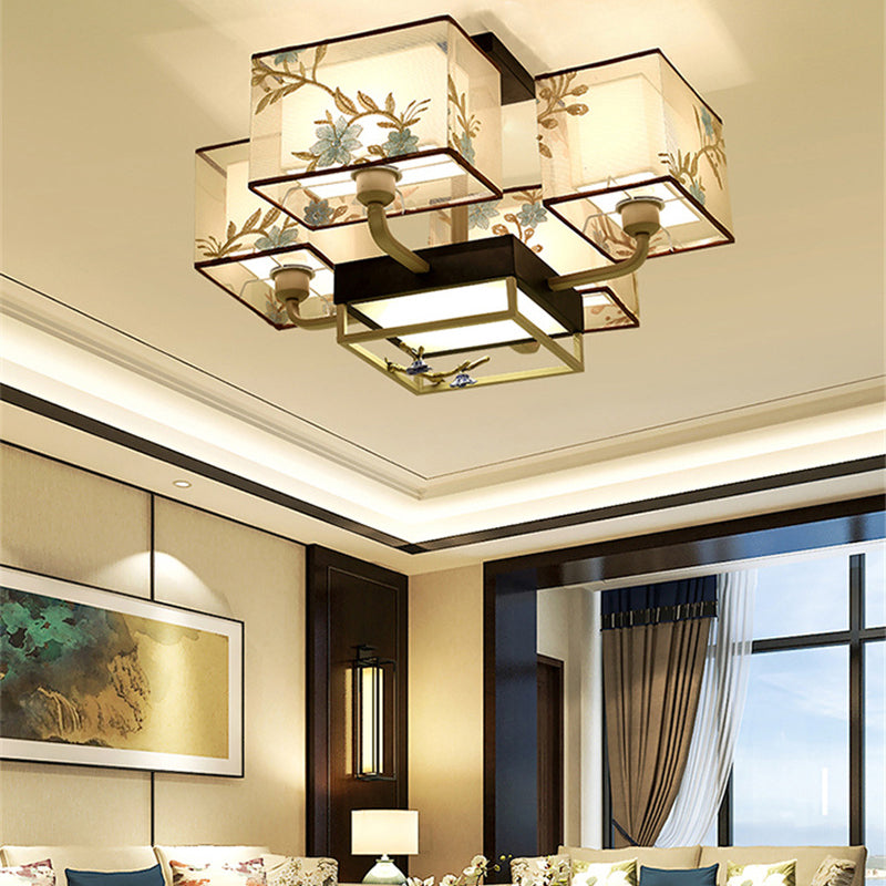 Brown Sputnik Ceiling Light in Traditional Classic Style Wrought Iron Flush Mount with Fabrics Shade