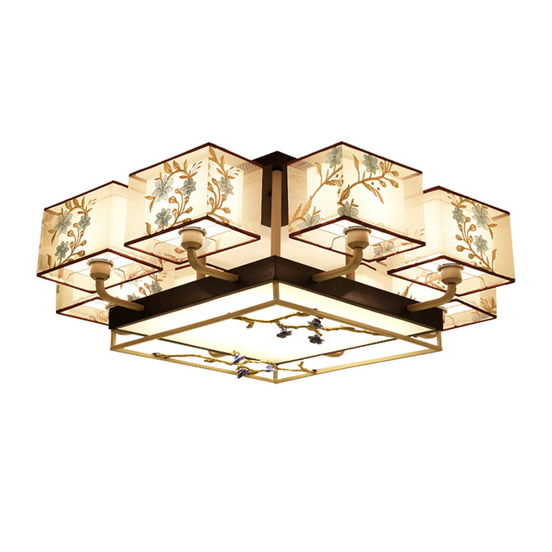 Brown Sputnik Ceiling Light in Traditional Classic Style Wrought Iron Flush Mount with Fabrics Shade