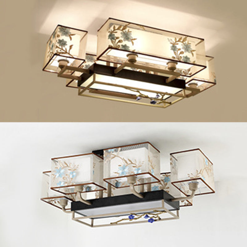 Brown Sputnik Ceiling Light in Traditional Classic Style Wrought Iron Flush Mount with Fabrics Shade