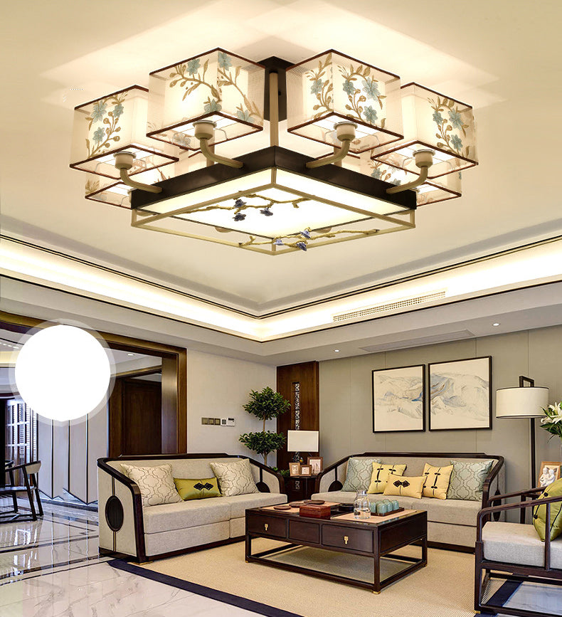 Brown Sputnik Ceiling Light in Traditional Classic Style Wrought Iron Flush Mount with Fabrics Shade