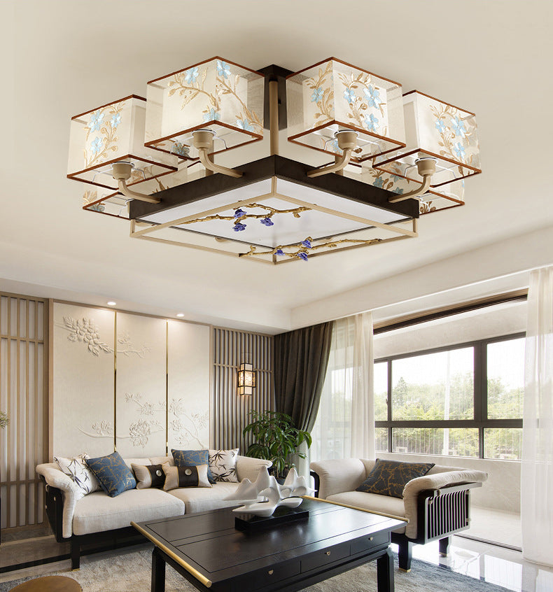 Brown Sputnik Ceiling Light in Traditional Classic Style Wrought Iron Flush Mount with Fabrics Shade