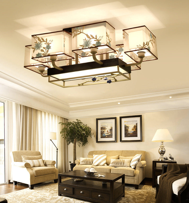 Brown Sputnik Ceiling Light in Traditional Classic Style Wrought Iron Flush Mount with Fabrics Shade