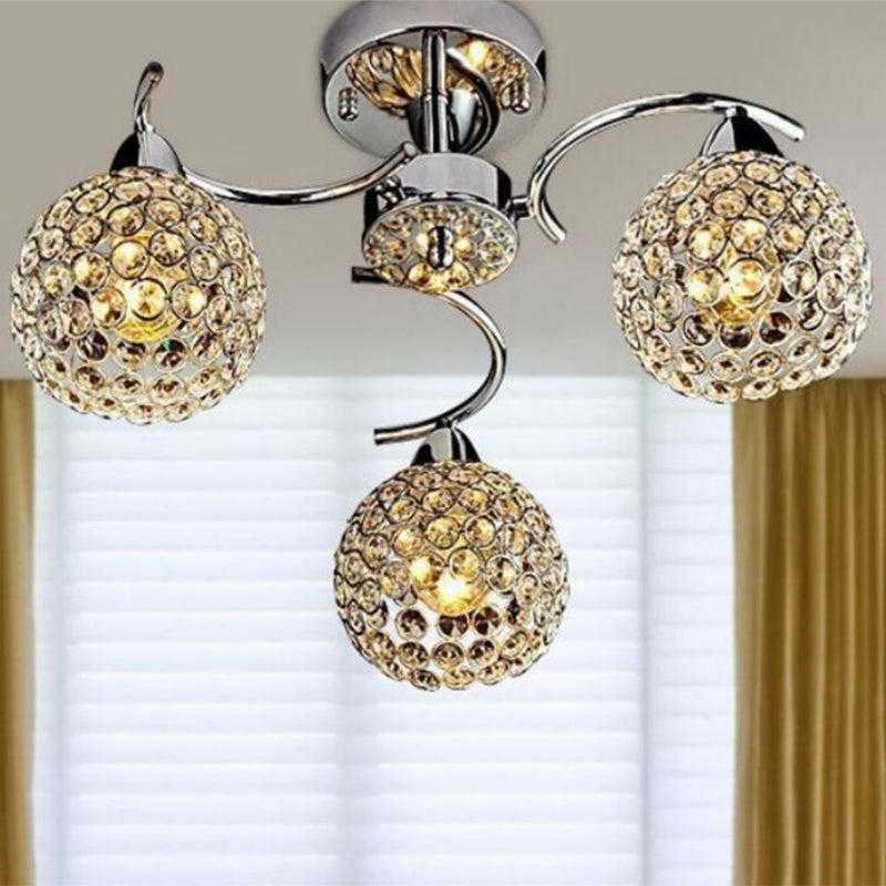 Modern 3 Lights Ceiling Light Spherical Semi Flush Light with Crystal Shade